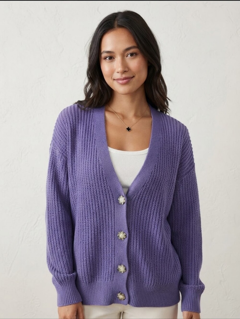Purple V-Neck Button Cardigan Sweater